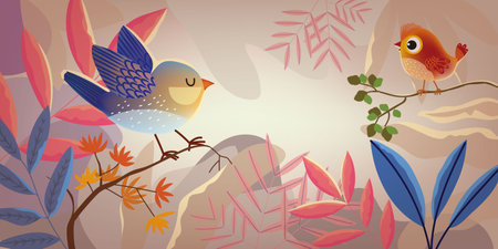 Cute cartoon bird on plants, flower,  tree, branch on background vector illustration. Bird and nature collection.のイラスト素材
