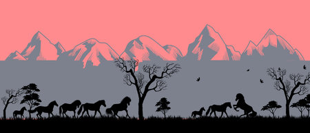 An African safari animal silhouette  with hill, mountain landscape scene on background vector illustration.のイラスト素材