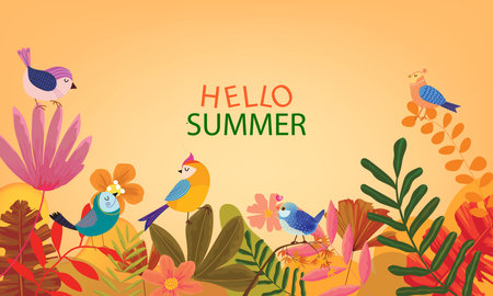 Hello Summer concept design with abstract jungle exotic leaves, floral, colorful vector background for banner, poster, cover and print.のイラスト素材