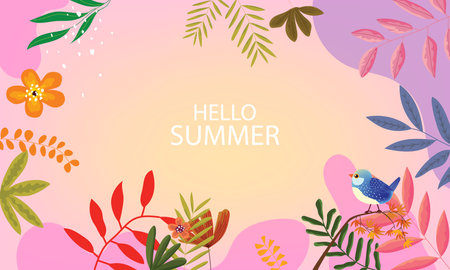 Hello Summer concept design with abstract jungle exotic leaves, floral, colorful vector background for banner, poster, cover and print.のイラスト素材