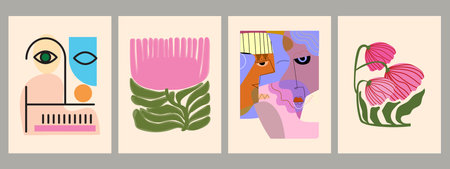 Set of abstract cover background wall art, floral, plant, flower, face portrait, person figure vector illustration. Aesthetic design for art print, decoration and wallpaper.のイラスト素材