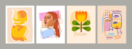 Set of abstract cover background wall art, floral, plant, flower, face portrait, person figure vector illustration. Aesthetic design for art print, decoration and wallpaper.のイラスト素材