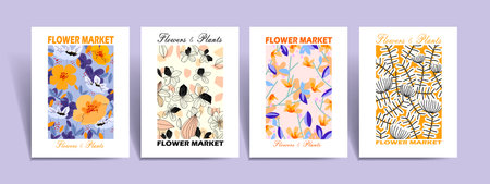 Aesthetic abstract plants and flowers in vases, pots hand drawn vector illustration background. Design for wall art, decoration, print, poster, cover and wallpaper.のイラスト素材