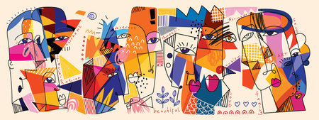 Group of colorful abstract face portrait cubism art style, decorative, line art hand drawn vector illustration. Aesthetic design for wall art, decoration, poster,card and cover.のイラスト素材