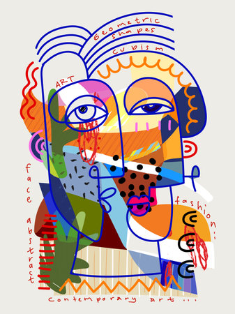 Group of colorful abstract face portrait cubism art style, decorative, line art hand drawn vector illustration. Aesthetic design for wall art, decoration, poster,card and cover.のイラスト素材