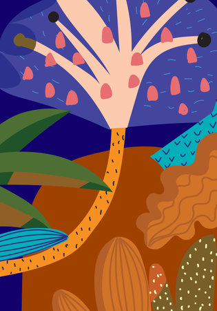 Abstract background template, poster with floral, plants and flowers line art  hand drawn vector illustration.のイラスト素材