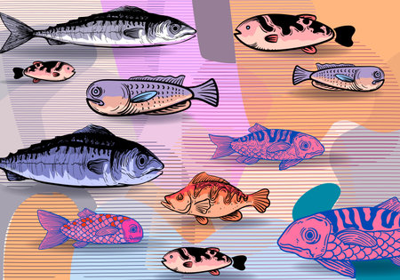 set, illustration, drawing, vector, fish, design, background, collection, sea, sketch, graphic, art, ocean, animal, food, marine, doodle, isolated, seafood, drawn, line, hand, iconのイラスト素材