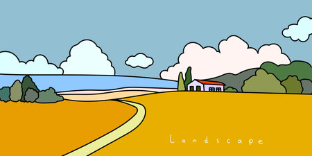 Green field farmyard lanscape vector illustration background. Outline, sketch, vintage agriculture view. Green grass, meadows, trees and blue sky suitable for banner and poster.のイラスト素材