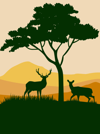 Silhouette of deer, doe, fawn standing on meadow in forest vector background. Trees, grass, magical misty landscape illustration for background, banner, poster and cover.のイラスト素材