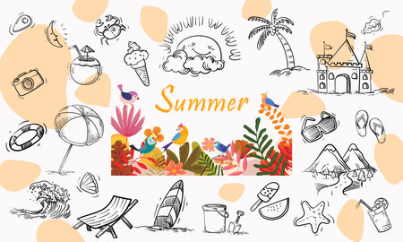 Set of summer, beach element pattern doodle design background illustrationのイラスト素材