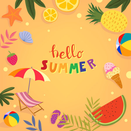 Summer holidays beach travel background with icon and symbol vector illustration design. Tropical vacation concept banner, poster, cards and backdrop.のイラスト素材