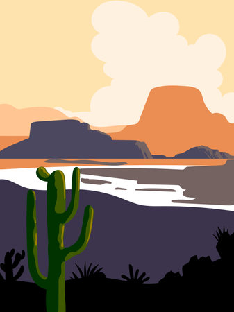 Desert landscape, cactus plant, western mountain silhouettes vector illustration background. Nature design for web, cards, poster cover, art print and background.のイラスト素材