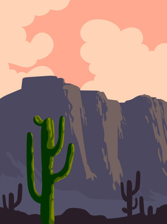Desert landscape, cactus plant, western mountain silhouettes vector illustration background. Nature design for web, cards, poster cover, art print and background.のイラスト素材