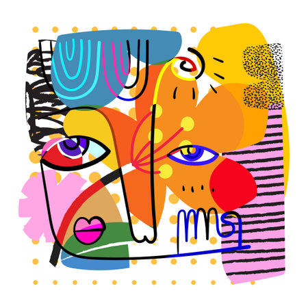 Abstract face portraits geometric, shapes, doodle , decorative hand drawn vector illustration wall art. Cubism male and female portrait aesthetic design for poster, cover.のイラスト素材
