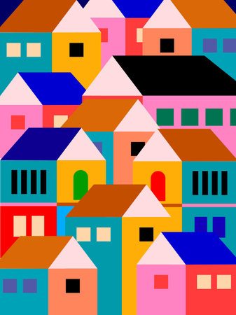 Colorful summer season in small town, tiny village view, residental houses vector illustration background. Beautiful green neighborhood, real estate development.のイラスト素材