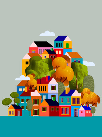 Colorful summer season in small town, tiny village view, residental houses vector illustration background. Beautiful green neighborhood, real estate development.のイラスト素材