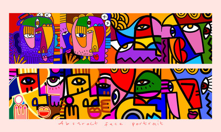 Abstract face portrait line art, doodle, geometric, decorative hand drawn vector illustration. Aesthetic design for wall art, cards, poster, cover and art print.のイラスト素材