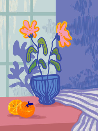 Beautiful flower on vase line drawing hand drawn vector illustration. Flowers and plants aesthetic abstract art print, cover, poster, home decor design.のイラスト素材