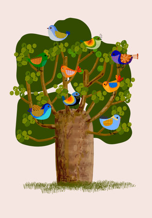 Cute cartoon bird on plants, flower,  tree, branch on background vector illustration. Bird and nature collection.のイラスト素材