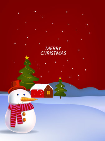 Merry Christmas and happy new year greeting card with snowman, cute haloiday cartoon character vector illustration.のイラスト素材