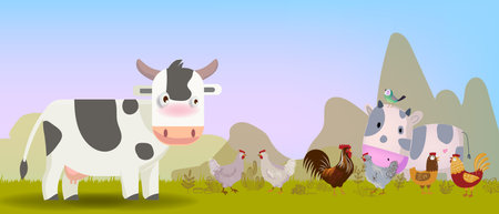 Livestock farm with cow, cattle on farming land view background vector illustration. Agricultural and harvest theme design.のイラスト素材