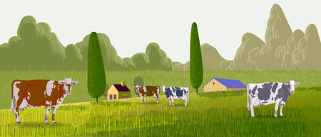 Livestock farm with cow, cattle on farming land view background vector illustration. Agricultural and harvest theme design.のイラスト素材