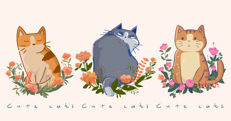 Cute cartoon cat with flowers, leaves, plants vector illustration. Isolated on white background. pet animal set collection.のイラスト素材