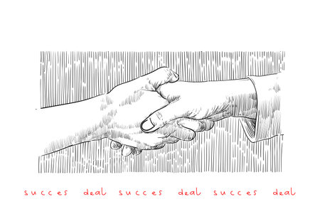 Hand drawing handshakes symbol of succes deal vector illustration. People shakes their hands as sign of deal, partnership. Isolated on white background.のイラスト素材