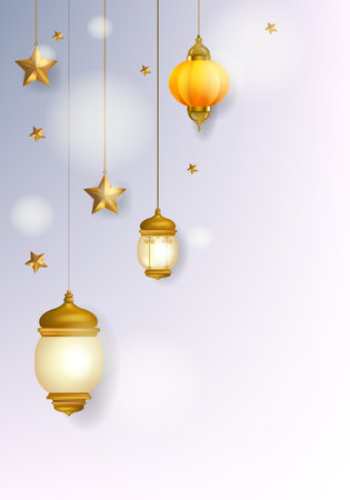 Ramadan Kareem, Eid Mubarak Islamic design with lamps, stars on white and grey background vector illustration. Design for greeting card, banner, event and poster.のイラスト素材
