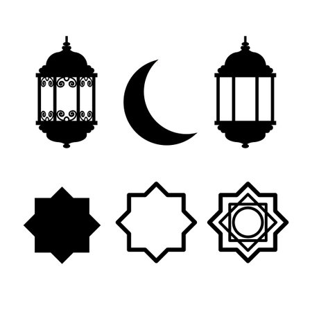 Set of Ramadan Kareem or Eid Mubarak Islamic icon with lantern, lamp, cressent moon vector illustration. Isolated on white background.のイラスト素材