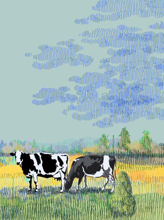 Beautiful farm landscape with cows hand drawing sketch vector illustration. Vintage villagge animal rural farming background.のイラスト素材