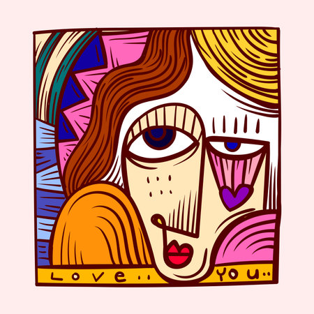 Aesthetic abstract face portrait people geometric decorative doodle hand drawn vector illustration. Artistic design art print, wall art, cards and poster.のイラスト素材