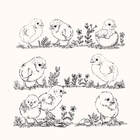 Hand drawn sketch little chickens set vector illustration. cute baby chicks drawing collection engraved retro style.のイラスト素材