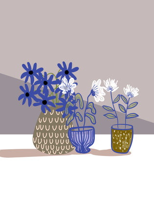 Aesthetic flowers on vase hand drawn vector illustration. Flowers and plants art print, cover, cards, poster and home decor design.のイラスト素材