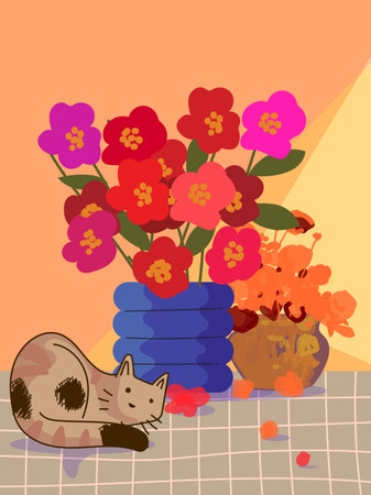 Aesthetic flowers on vase hand drawn vector illustration. Flowers and plants art print, cover, cards, poster and home decor design.のイラスト素材