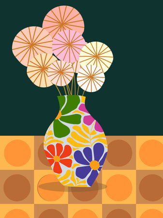 Aesthetic flowers on vase hand drawn vector illustration. Flowers and plants art print, cover, cards, poster and home decor design.のイラスト素材