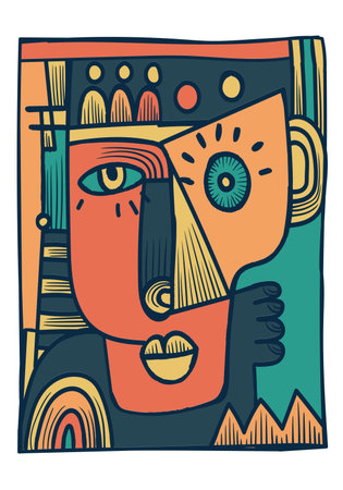 Abstract face portrait doodle, decorative, geometric hand drawn vector illustration. Artistic figure art prints and background.のイラスト素材
