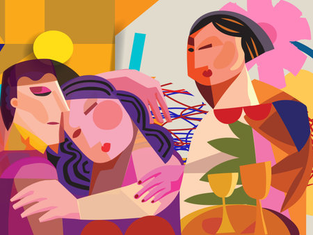 Abstract artistic poster women face portrait geometric, shape hand drawn vector illustration. Creative fashion and beauty female colorful art print.のイラスト素材