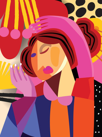 Abstract artistic poster women face portrait geometric, shape hand drawn vector illustration. Creative fashion and beauty female colorful art print.のイラスト素材
