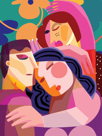 Abstract artistic poster women face portrait geometric, shape hand drawn vector illustration. Creative fashion and beauty female colorful art print.のイラスト素材