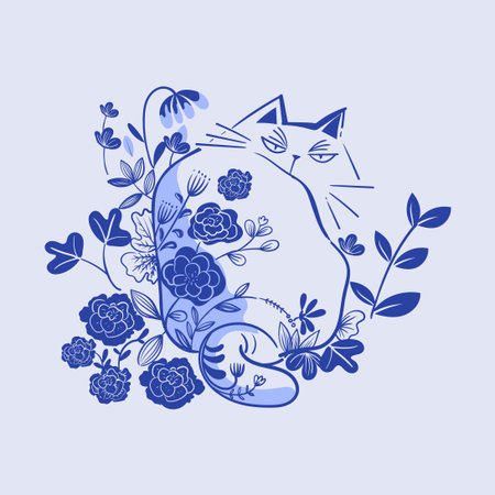Cute cat sit among flowers and plants hand drawing vintage vector illustration. Sketch, line art cats character on floral and nature isolated.のイラスト素材