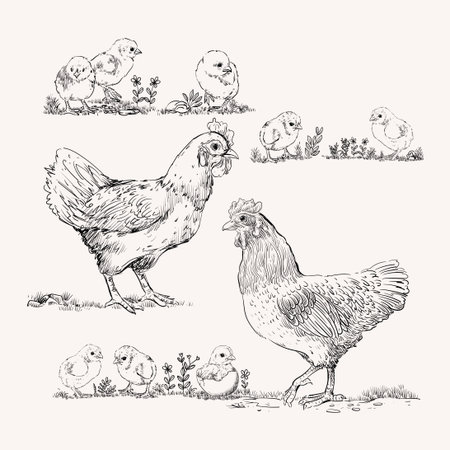 Hen, chicken, animal poultry farm hand drawing isolated vector illustration. Sketch, line art farm animal concept.のイラスト素材