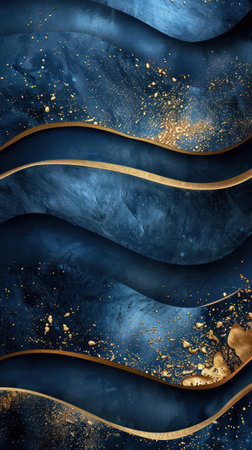 Gold and blue waves with golden glitter particles, possibly representing a foam effect or shimmer. The textures are smooth and curvilinear, suggesting movement.の素材