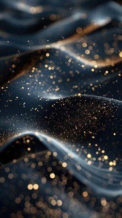 A close-up image of a dark fabric covered with sparkling glitter, creating a visual effect that suggests movement or magic.の素材