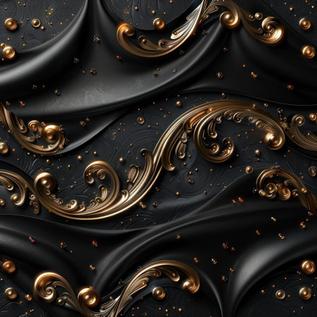 Abstract design with golden splatters and a dark fabric background, adorned with gold spheres and swirling patterns.の素材
