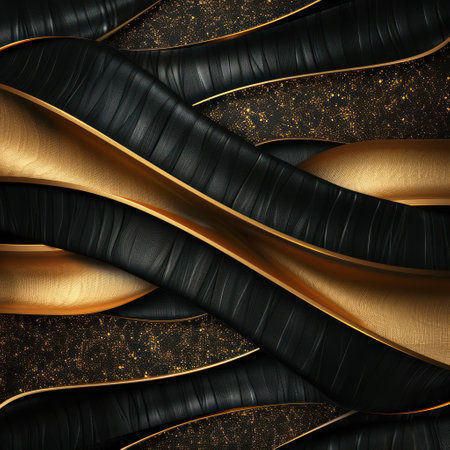 A vibrant and intricate design on a pair of shoes, featuring gold accents and black straps with an intertwining pattern.の素材