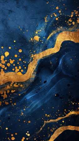 A digital painting with golden ink splatters, artistic abstract design, featuring a water-like texture with blue and gold accents.の素材