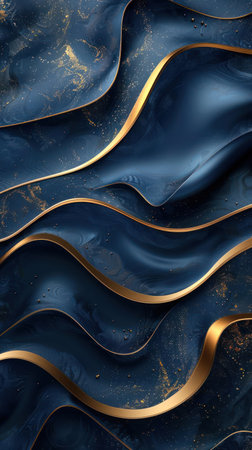 Intricate digital art design featuring a wavy, flowing pattern of dark blues with gold accents and sparkles that create a dynamic and luxurious effect.  conveys a sense of sophistication and elegance.の素材