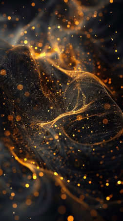 A glowing galaxy with golden glitter particles, set against a dark background. It creates a surreal and sparkly effect.の素材