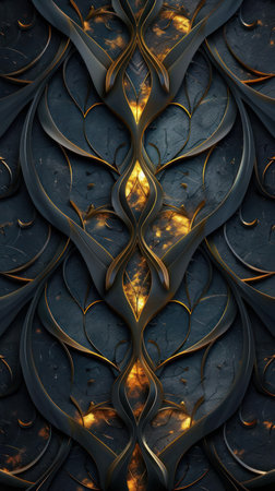 A digital art image featuring a detailed, ornate design with gold accents on black background, evoking a sense of mystery or hidden knowledge.の素材